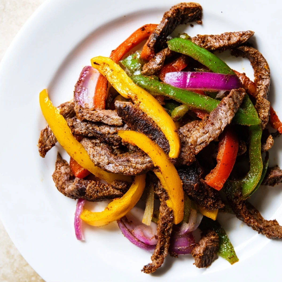 Juicy marinated Beef Fajitas with peppers and onions sizzling in a skillet, ready for a flavorful Tex-Mex dinner.