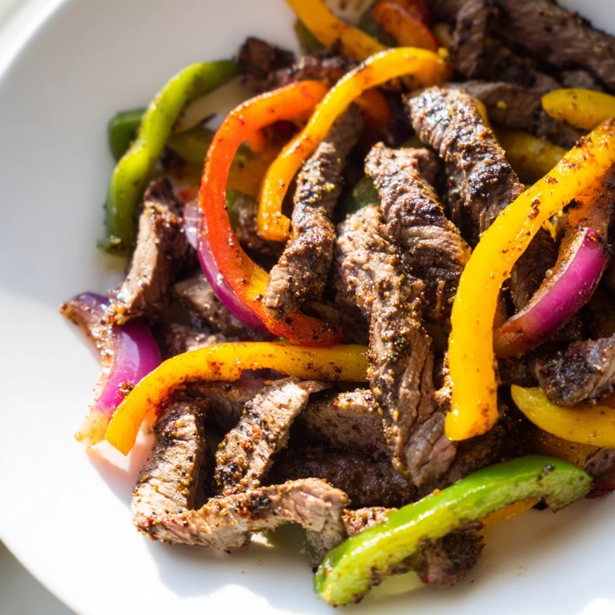 Freshly seared Beef Fajitas with peppers and onions garnished with cilantro and lime wedges for a zesty garnish.