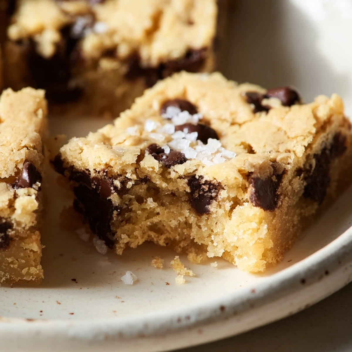 Golden-brown Chocolate Chip Cookie Bars studded with melty chocolate chips, cut into neat squares on a cooling rack.