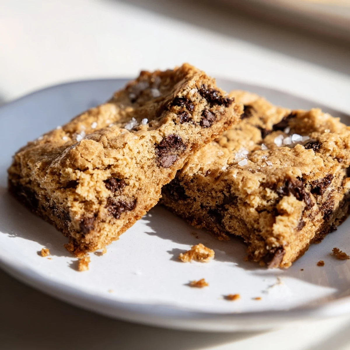 A stack of warm Chocolate Chip Cookie Bars with gooey centers, served beside a tall glass of cold milk.