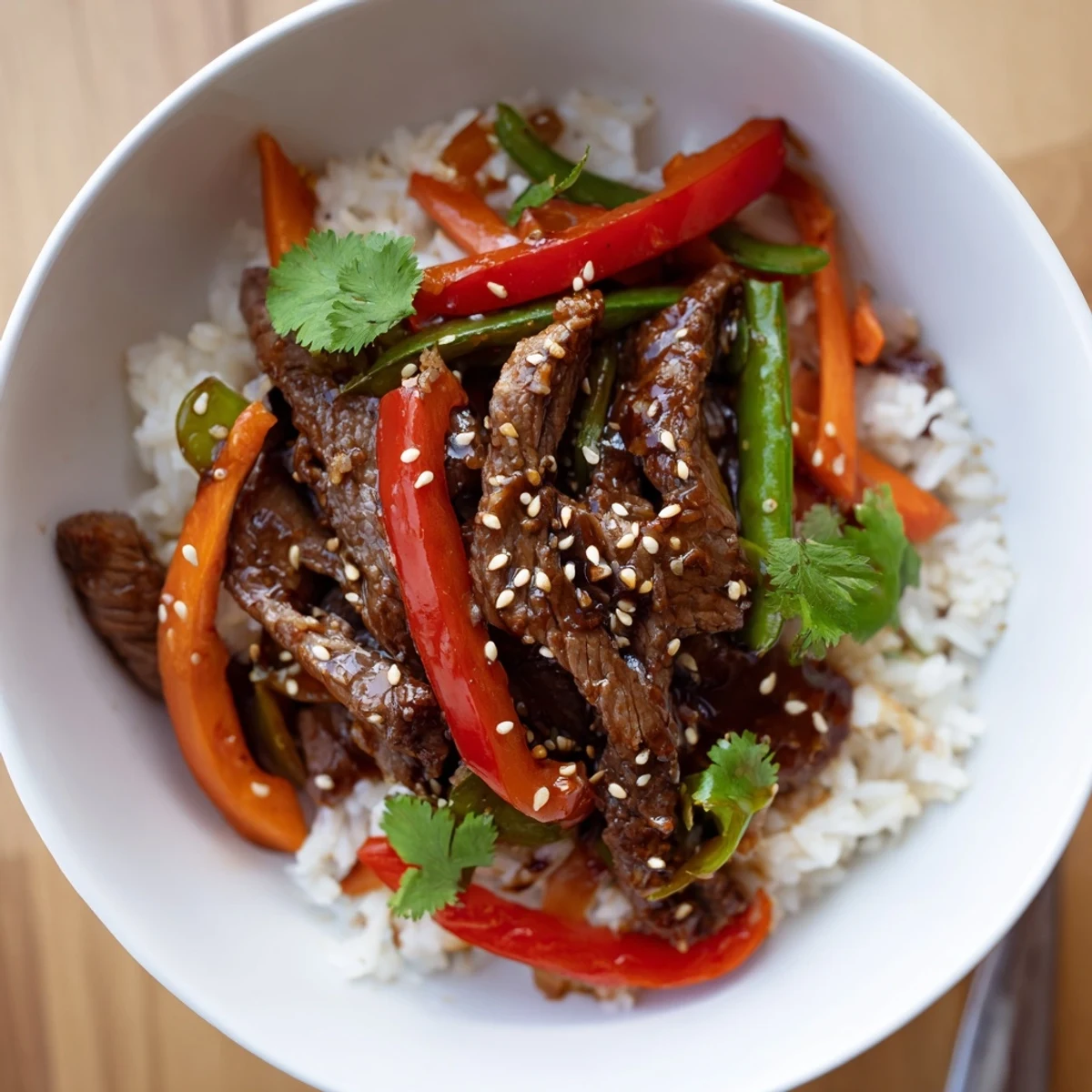 Steamed rice topped with tender beef strips, crisp bell peppers, and snap peas in savory sauce.