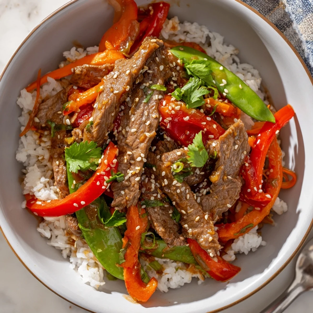 Sliced cucumbers, spring onions, and toasted sesame seeds garnish this hearty Beef Lunch Bowl served hot.