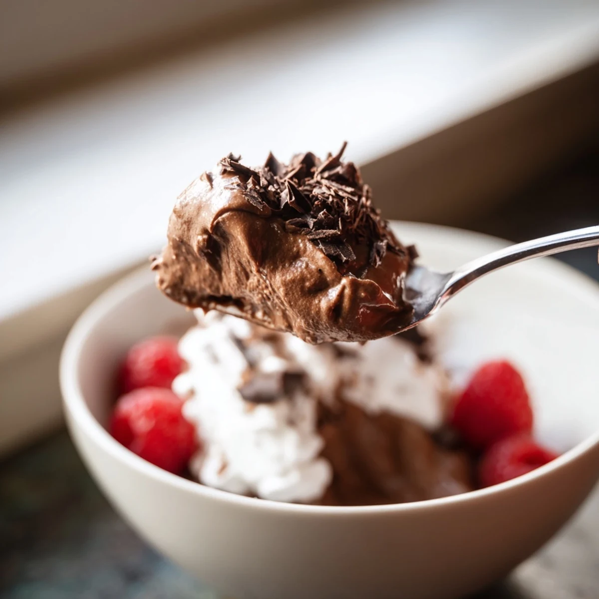 Chocolate Lunch Dessert served in a clear glass, topped with fresh raspberries and a dollop of whipped cream.