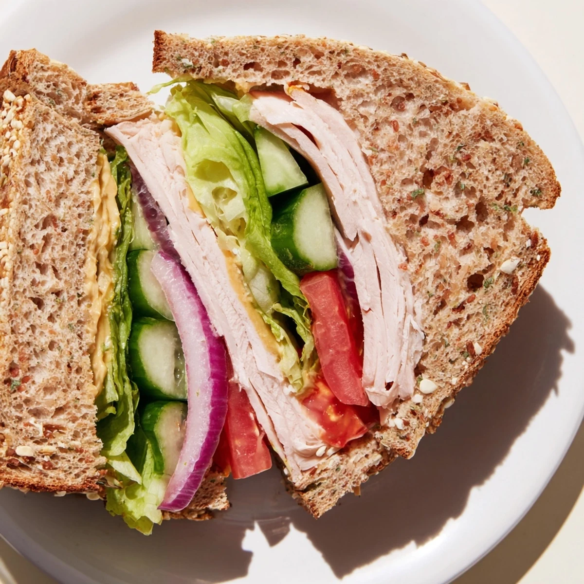 Freshly made Turkey Lunch Sandwich on whole wheat bread, layered with turkey, crisp lettuce, and ripe tomato slices.