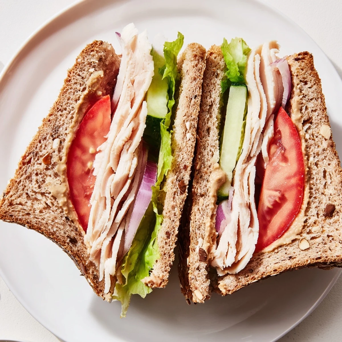 Stacked Turkey Lunch Sandwich cut diagonally, overflowing with juicy turkey, crunchy cucumbers, and creamy mayonnaise spread.