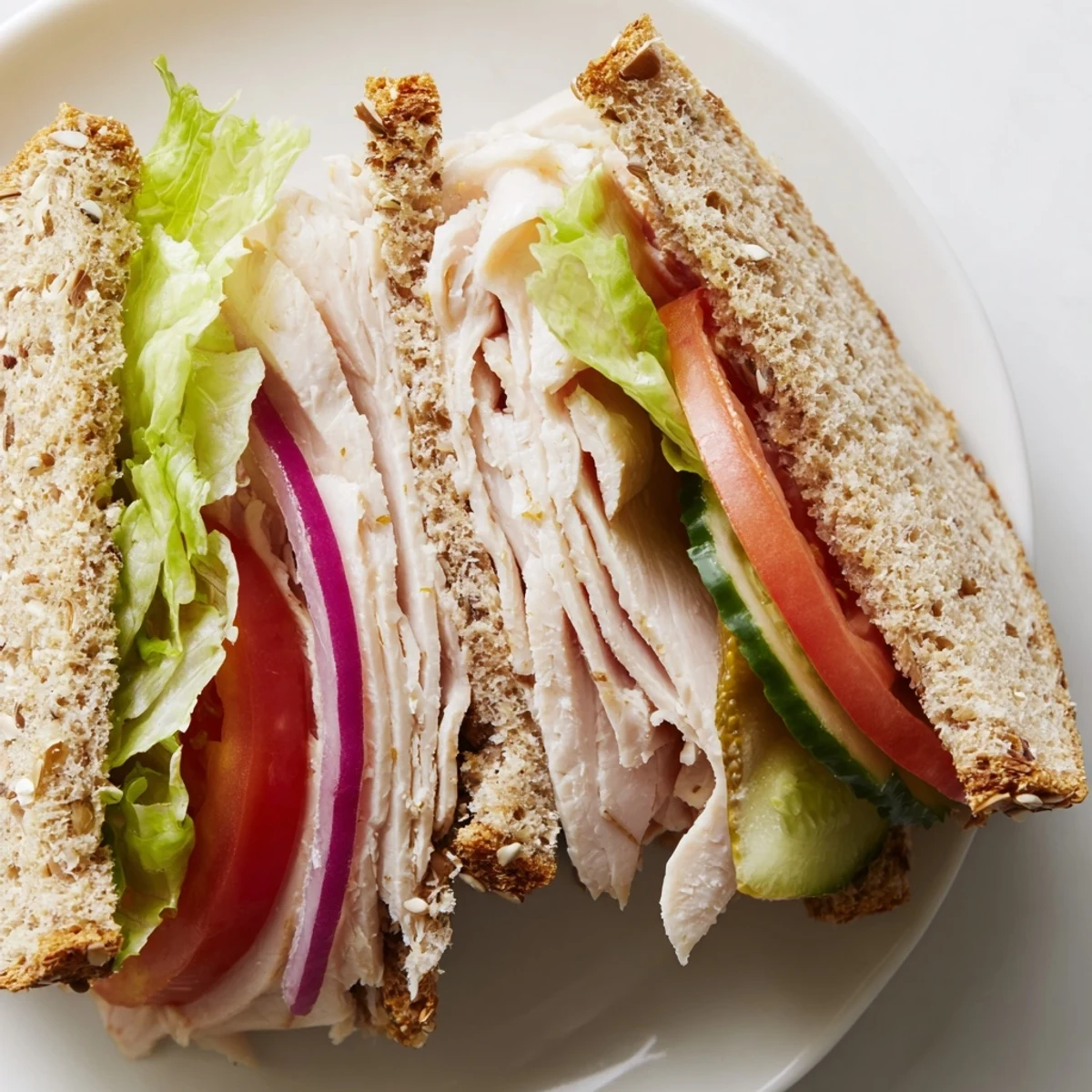 Homemade Turkey Lunch Sandwich on a plate with apple slices, showcasing fresh turkey and colorful vegetable layers.