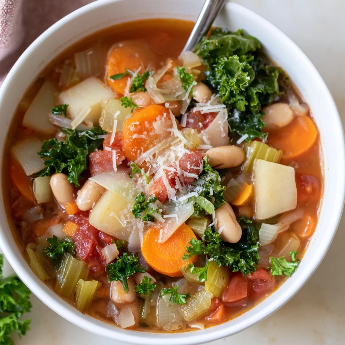Hearty Winter Lunch Soup with kale and potatoes served in rustic bowls, ready for a comforting chilly day lunch.