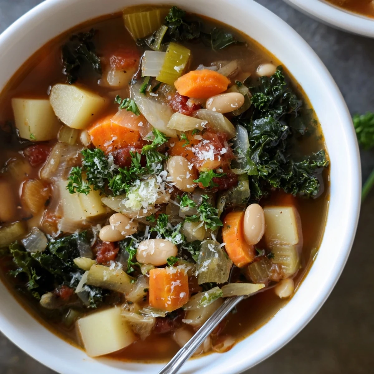 Steaming bowls of Winter Lunch Soup feature tender root vegetables and creamy white beans in a rich tomato broth.