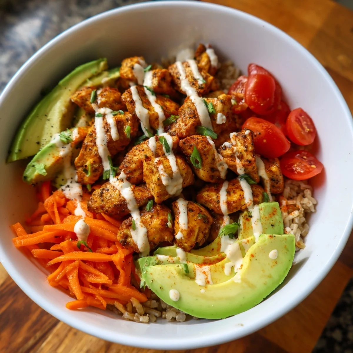 Overhead view of a nutritious Spicy Lunch Bowl featuring colorful peppers, cucumbers, tomatoes, and spinach, topped with toasted sesame seeds and lime wedges.