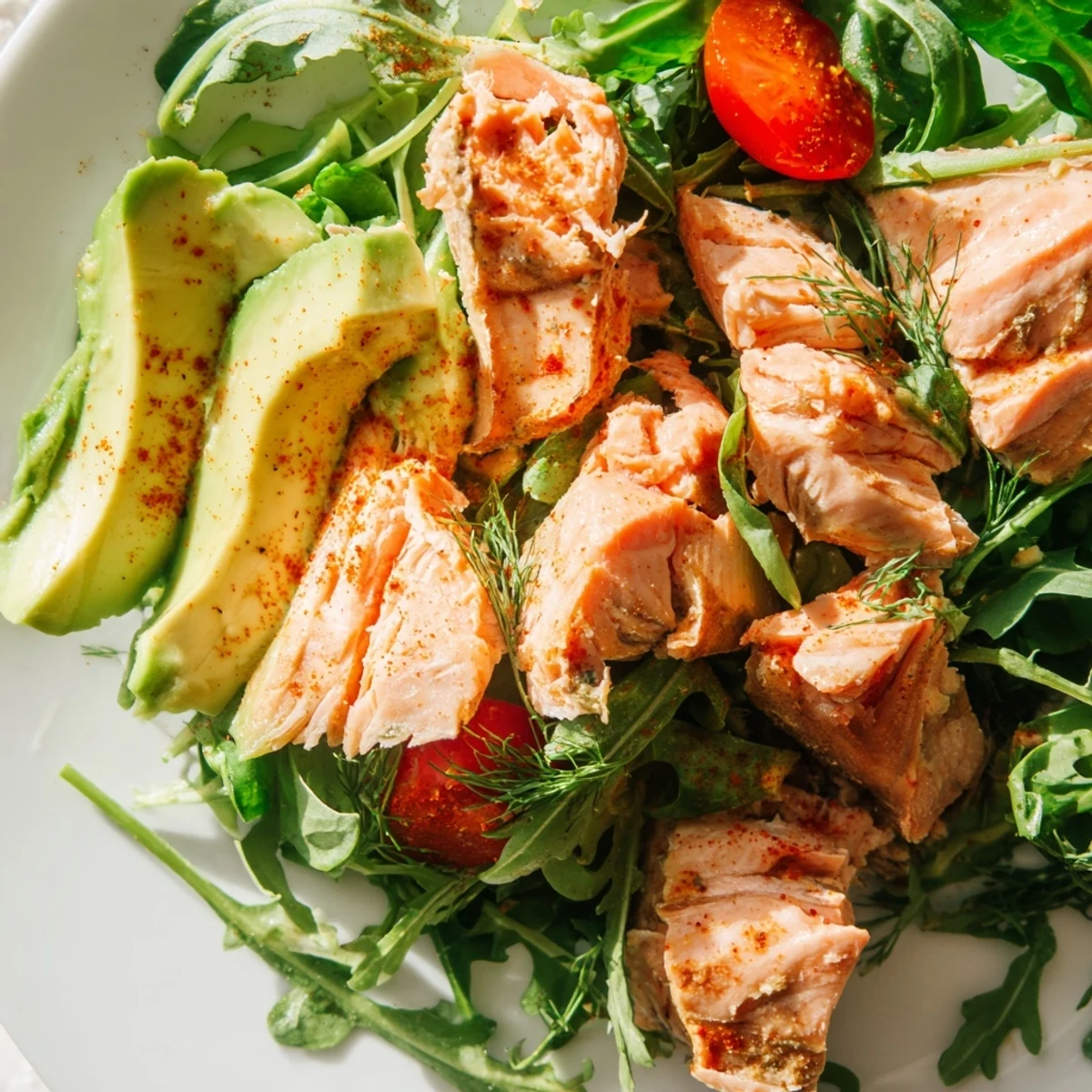 Tender baked salmon flakes over crisp greens and cherry tomatoes in this Baked Salmon Lunch Salad, drizzled with bright lemon-dill dressing.