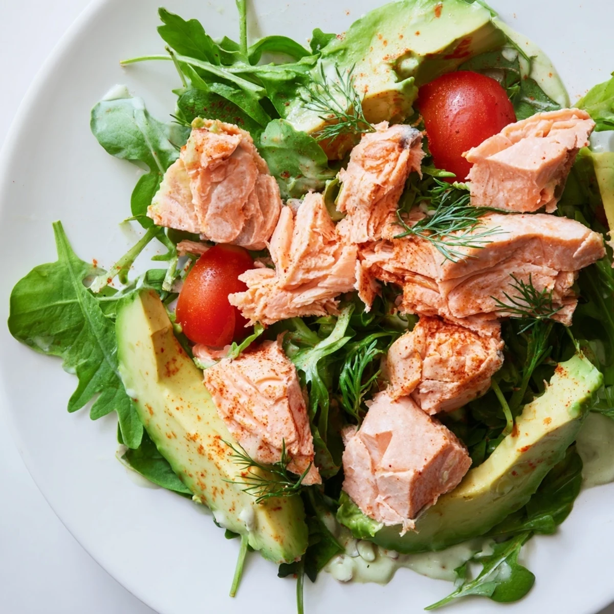 Golden-baked salmon rests on a bed of avocado and cucumber for a refreshing Baked Salmon Lunch Salad, perfect for a light midday meal.
