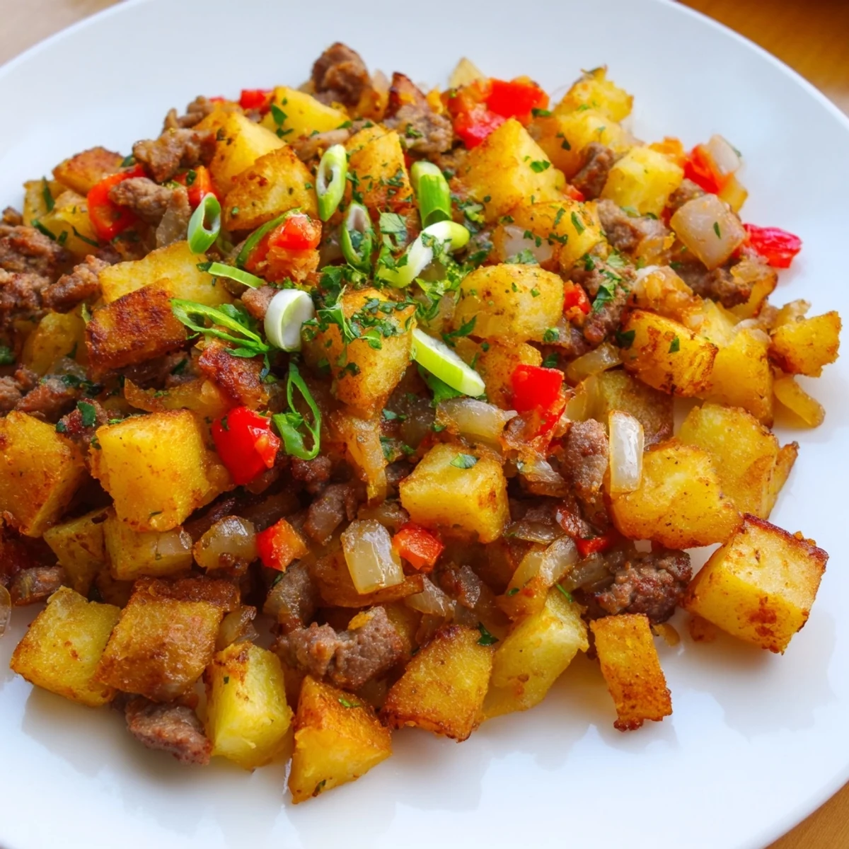 Golden-brown Beef Breakfast Hash sizzles in a cast iron skillet with sautéed onions and red bell peppers.
