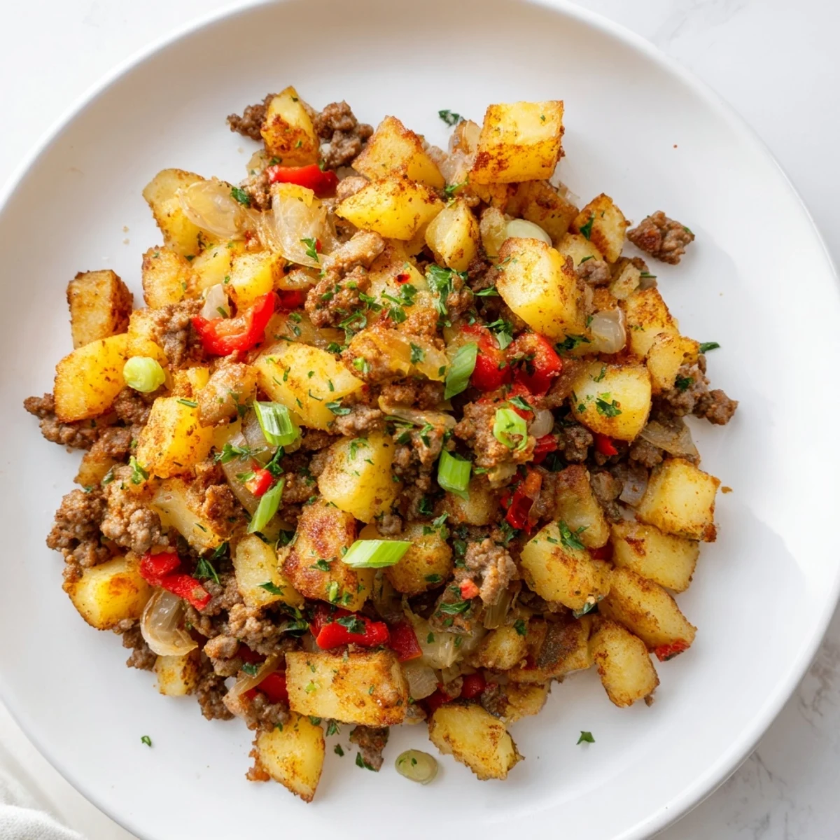 Tender diced beef and crispy potatoes topped with sunny-side-up eggs and fresh green onions.