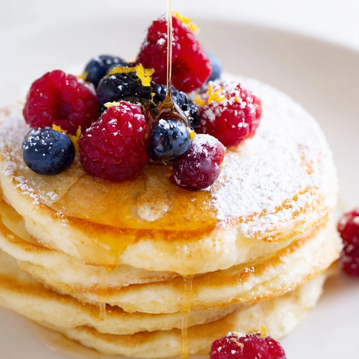 A plate of fluffy Lemon Breakfast Pancake with melted butter, served alongside a glass of orange juice.