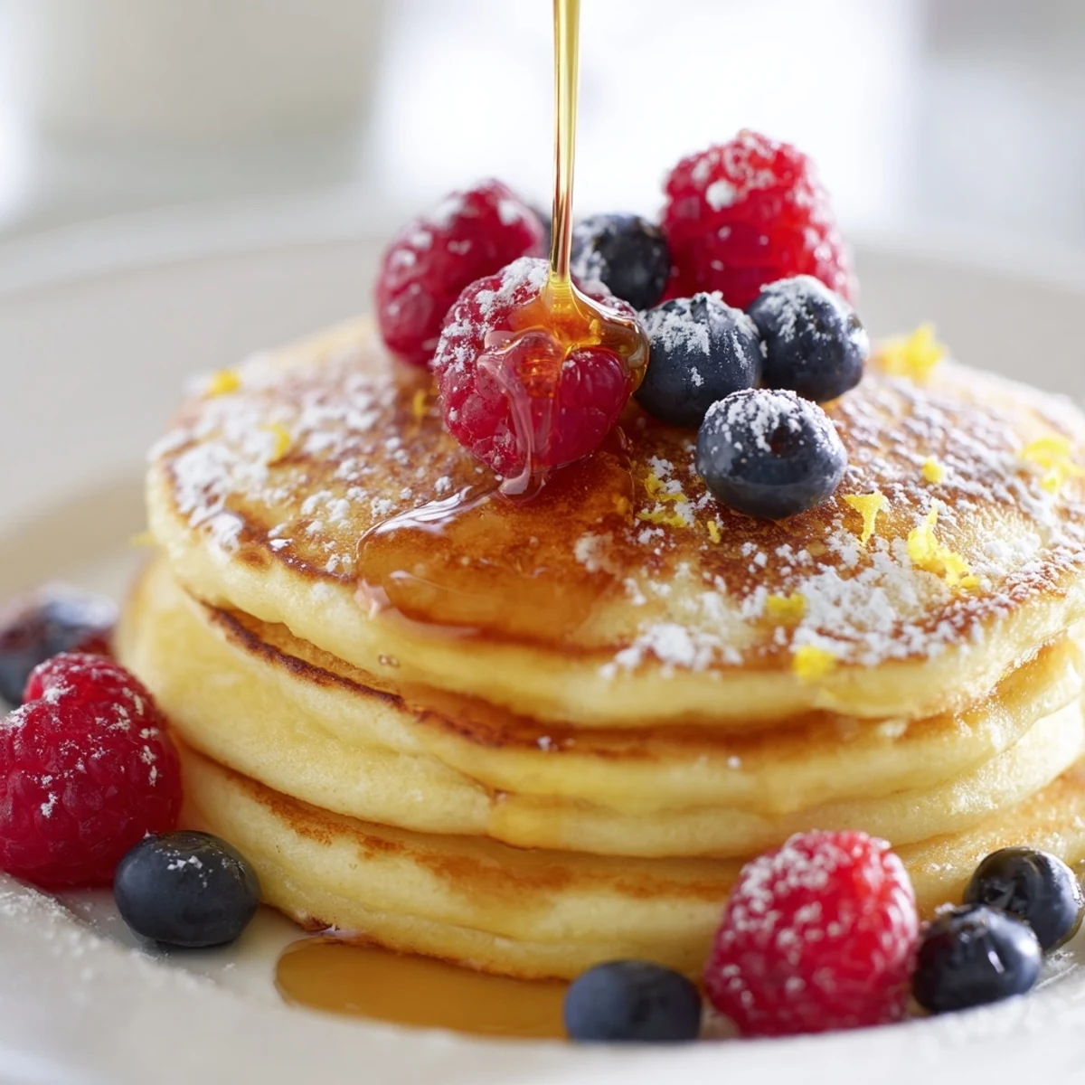 Golden-brown Lemon Breakfast Pancake stacked high, drizzled with maple syrup and topped with fresh berries and zest.