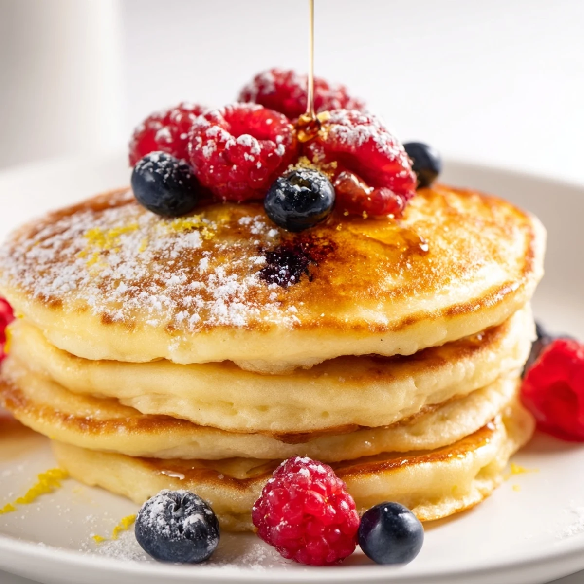 Close-up of Lemon Breakfast Pancake showing a tender, lemony crumb, dusted with powdered sugar and bright zest.