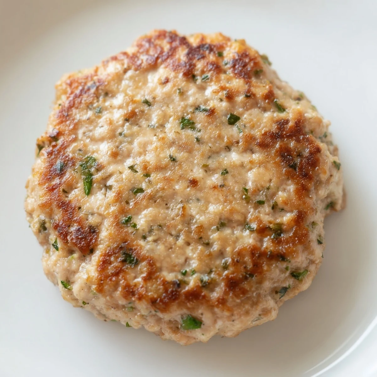 Golden brown homemade Chicken Breakfast Sausage patties sizzling in a skillet with fresh sage and garlic.
