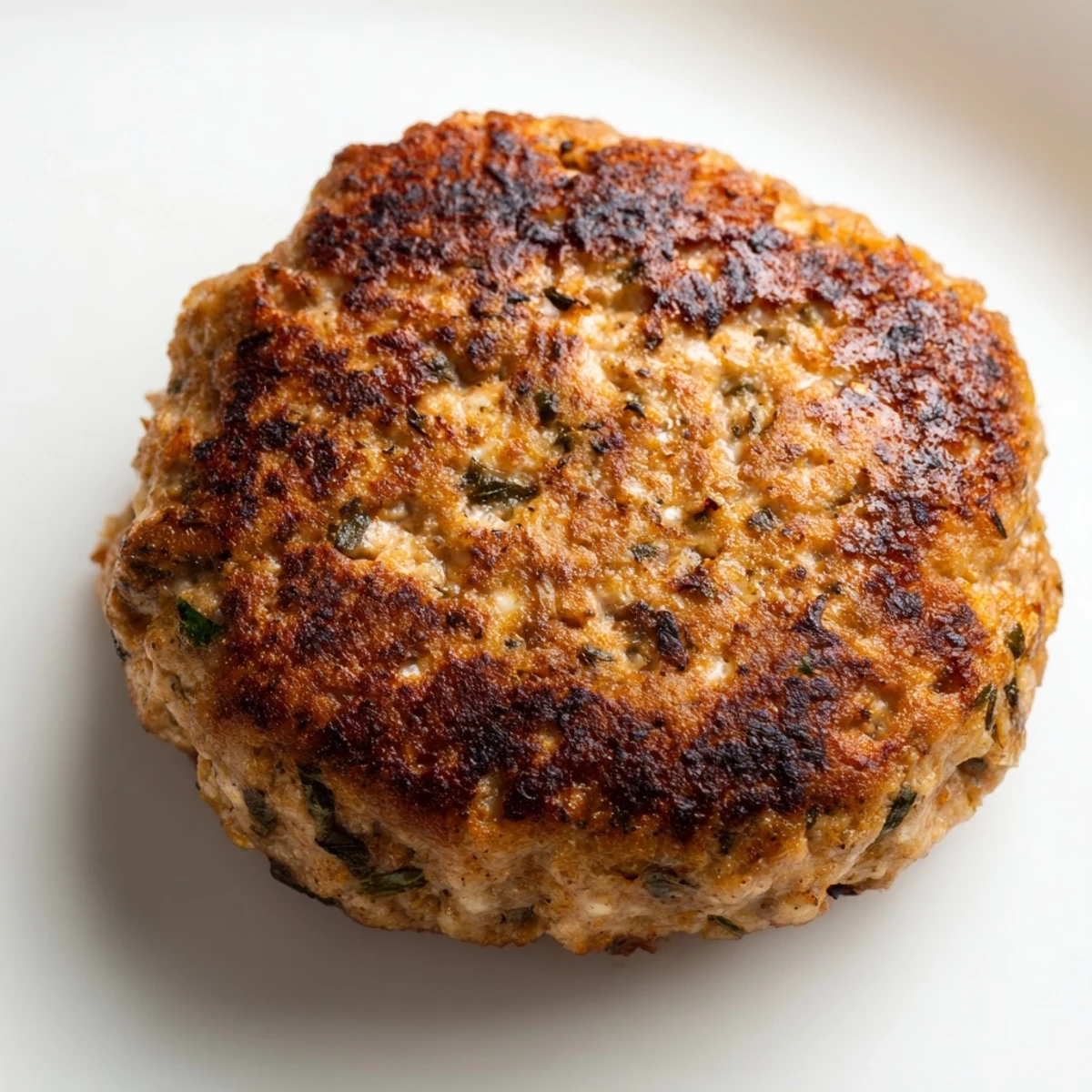 Stack of freshly cooked Chicken Breakfast Sausage patties, gluten-free and dairy-free, served alongside scrambled eggs and toast.