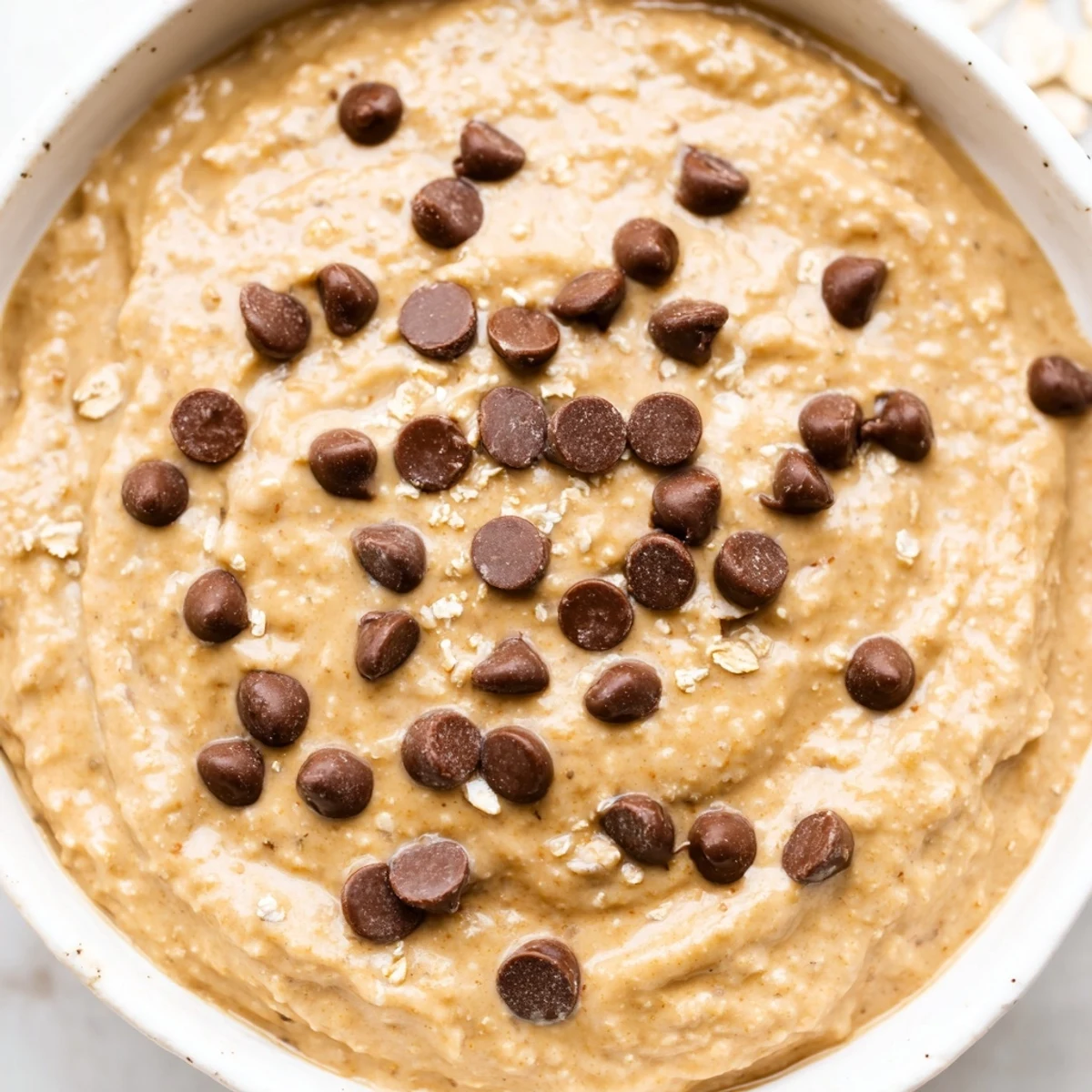 Creamy chocolate chip cookie dough hummus dip served with apple slices and pretzels in a rustic bowl.