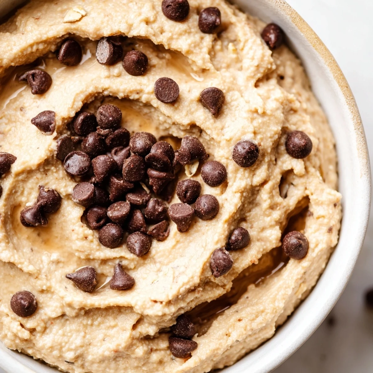 This wholesome chocolate chip cookie dough hummus is packed with protein and makes a healthy dessert snack.
