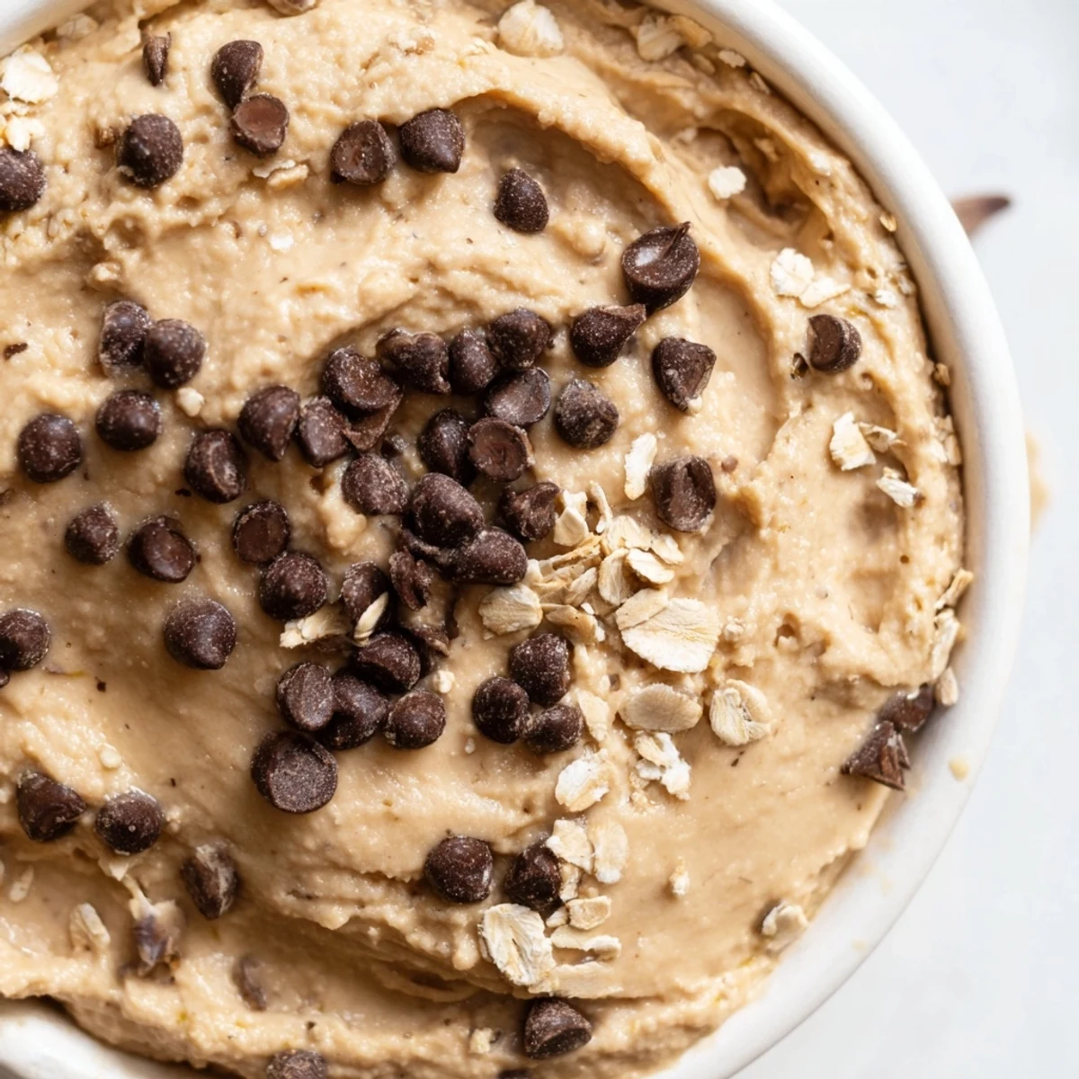 A spoonful of chocolate chip cookie dough hummus topped with extra mini chocolate chips shows its smooth texture.