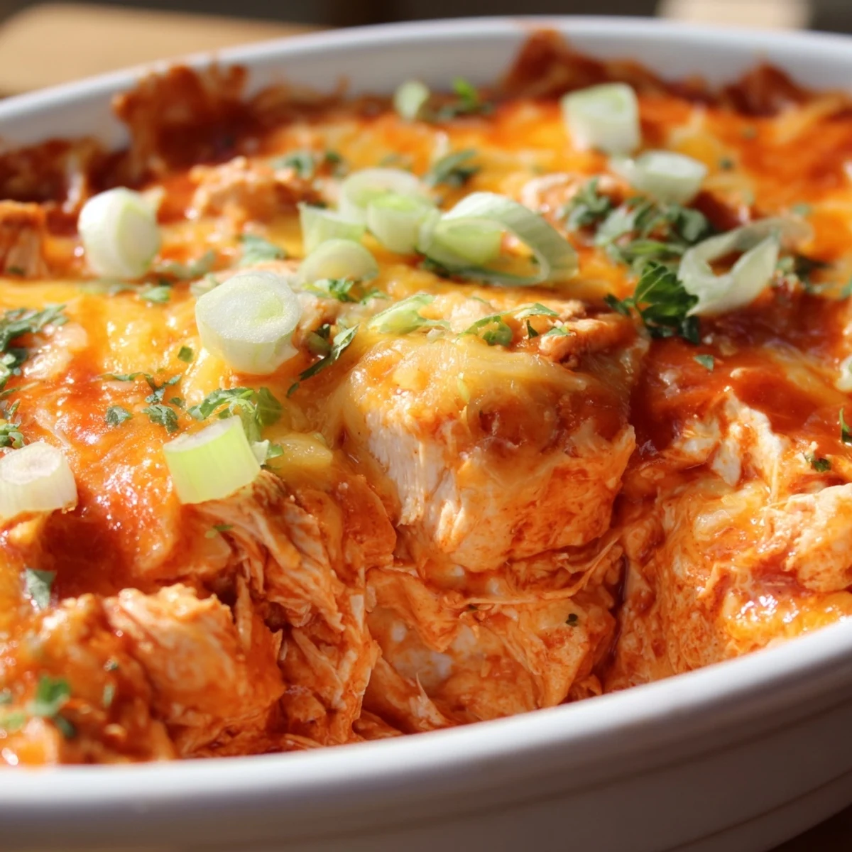 Golden, bubbly Spicy Buffalo Chicken Dip with tortilla chips in a white dish, topped with fresh green onions. 