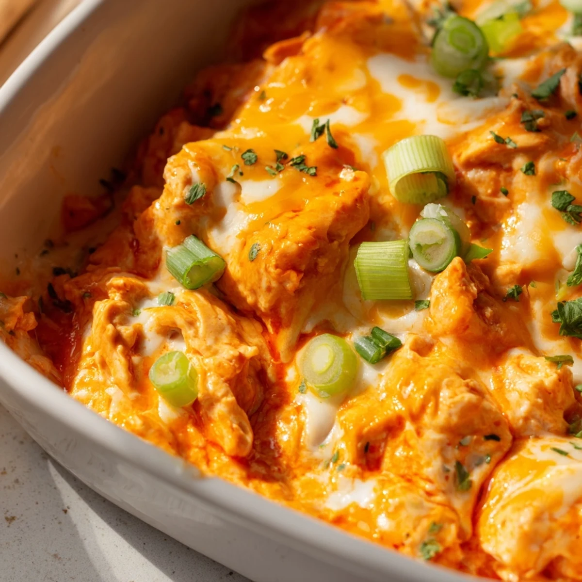 Creamy, melty Spicy Buffalo Chicken Dip bubbling in a baking dish next to a pile of crispy tortilla chips. 