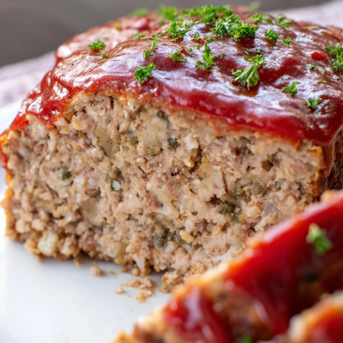 Golden-brown turkey meatloaf with a glossy tangy glaze, topped with fresh parsley and served beside bright green beans.