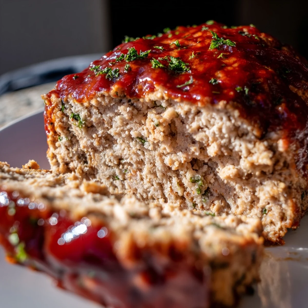 Sliced moist turkey meatloaf with ketchup glaze and buttery green beans on a white plate for a family dinner.