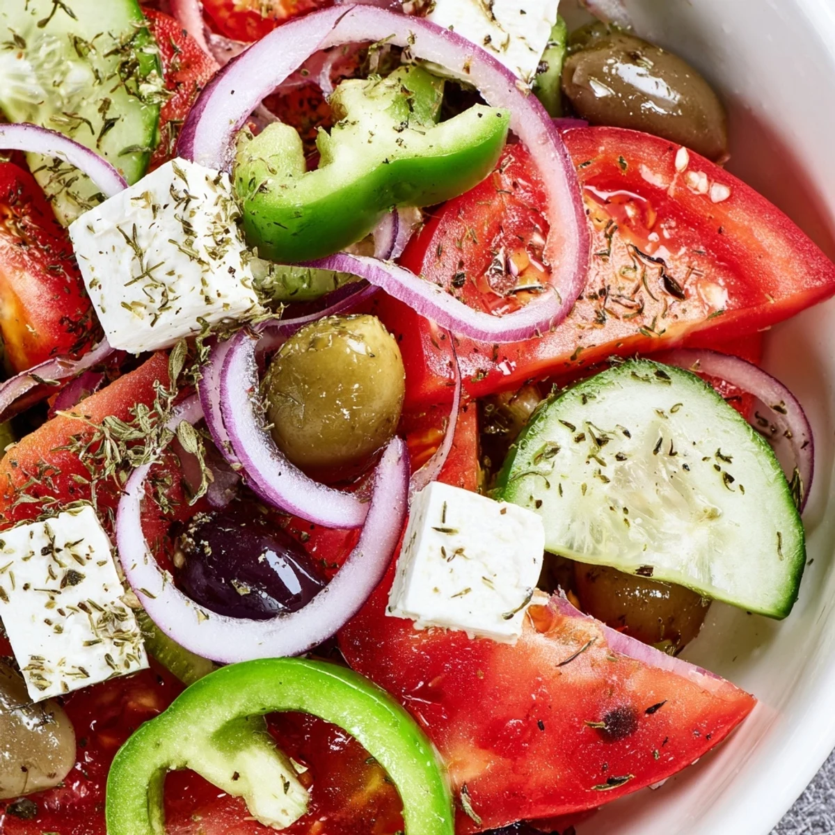 Bright Greek Salad with Kalamata olives and feta, loaded with green bell pepper, sliced cucumbers, and briny olives for a refreshing Mediterranean side.