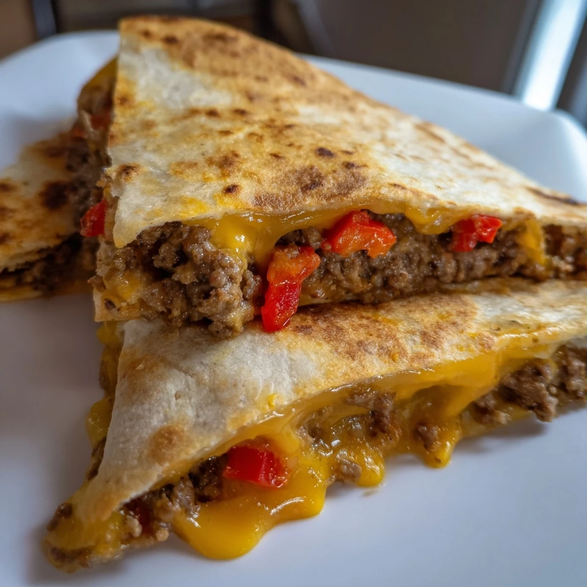A close-up of one slice of Beef Quesadillas, revealing the steamy, savory filling of beef, peppers, and cheese.