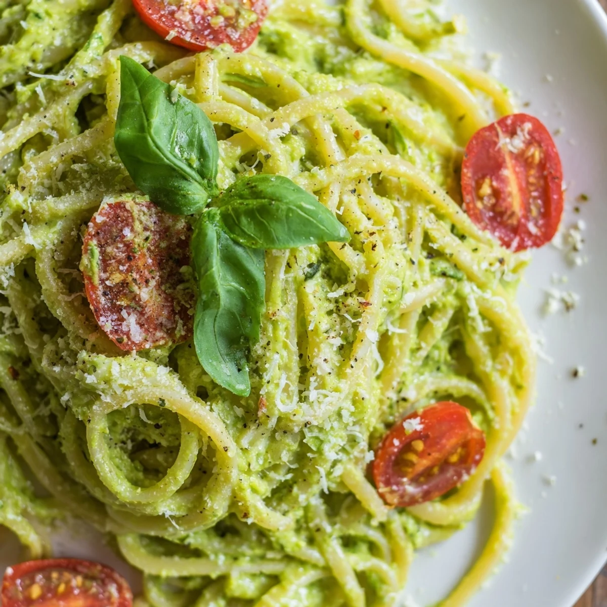 Healthy vegetarian pasta dish plated for dinner, drizzled with olive oil and finished with grated Parmesan cheese and pepper.
