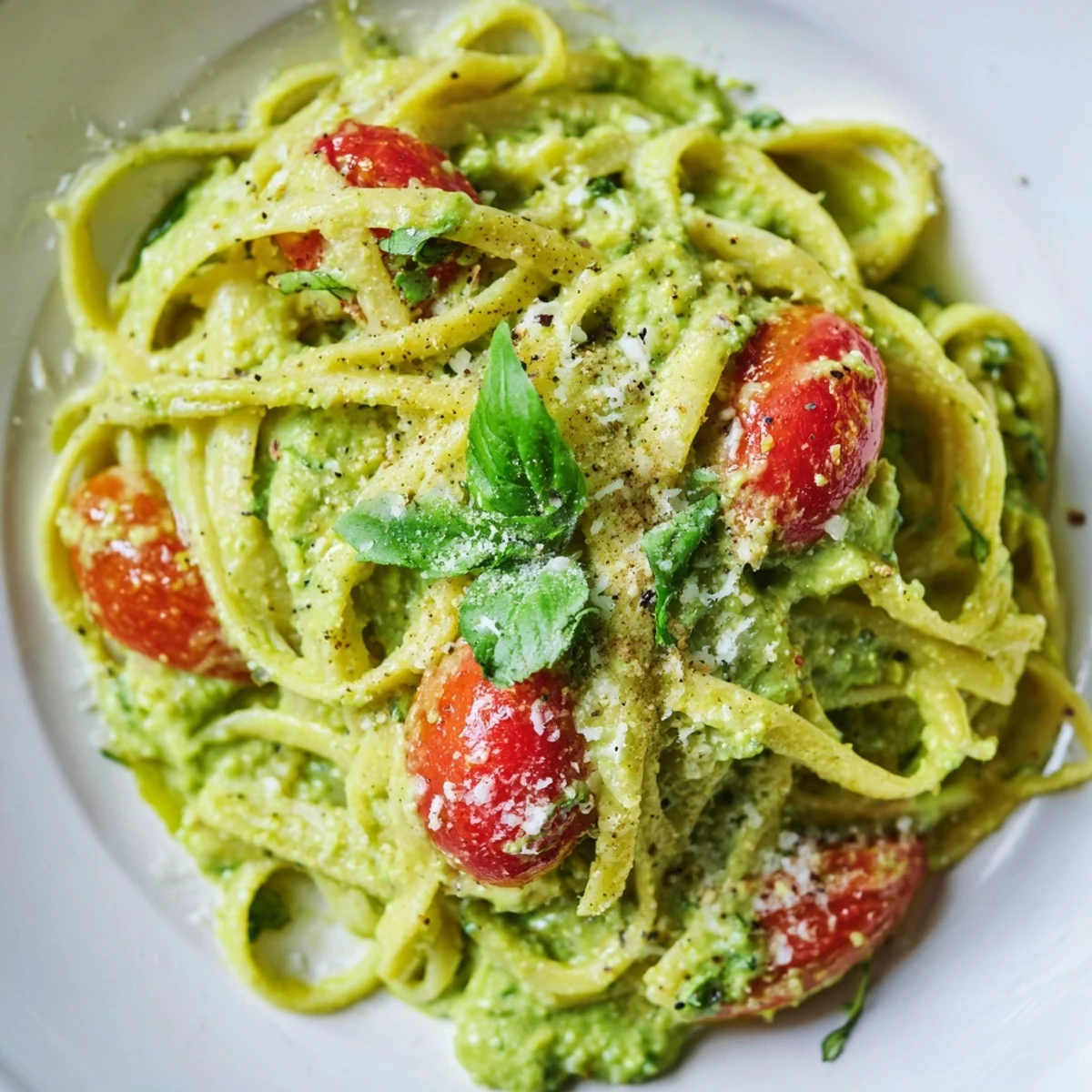 Twisted strands of spaghetti coated in vibrant green avocado sauce, tossed with halved red cherry tomatoes for a juicy bite.