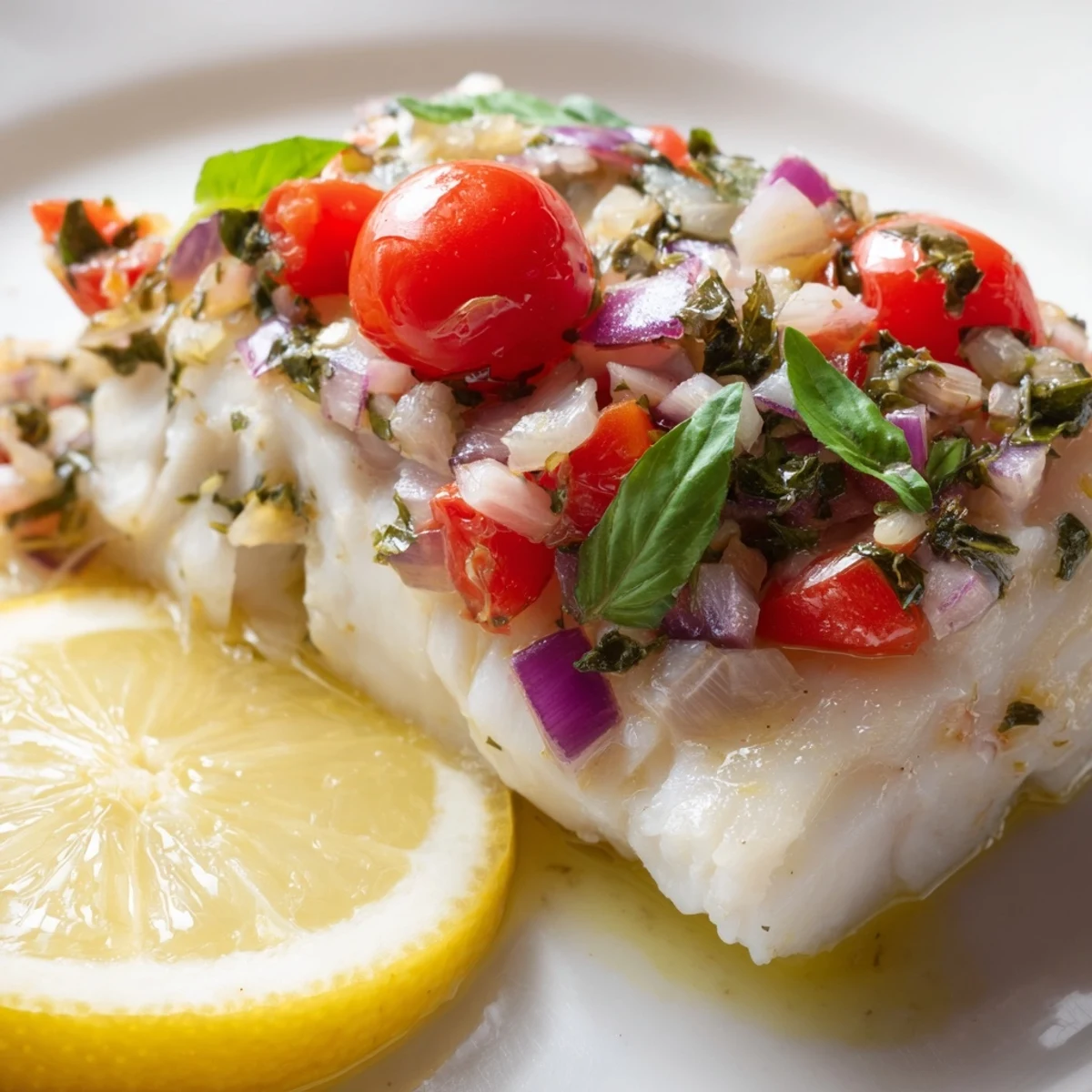 Freshly baked halibut fillets topped with a vibrant cherry tomato and basil relish, served with lemon slices on a white plate.