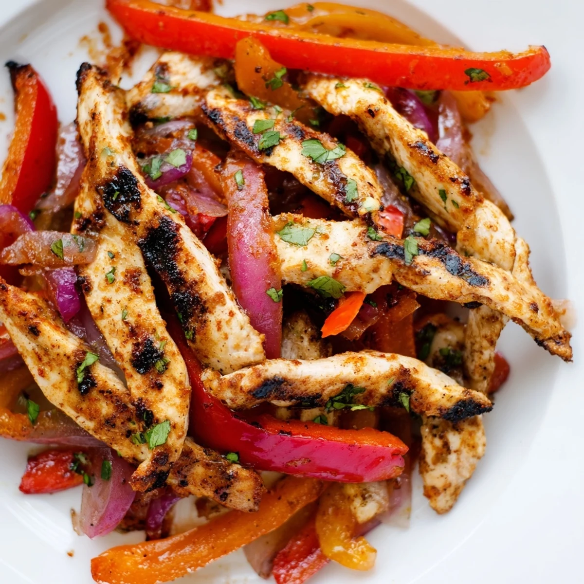Juicy chicken, peppers, and onions sizzling on a sheet pan for Sheet Pan Chicken Fajitas.