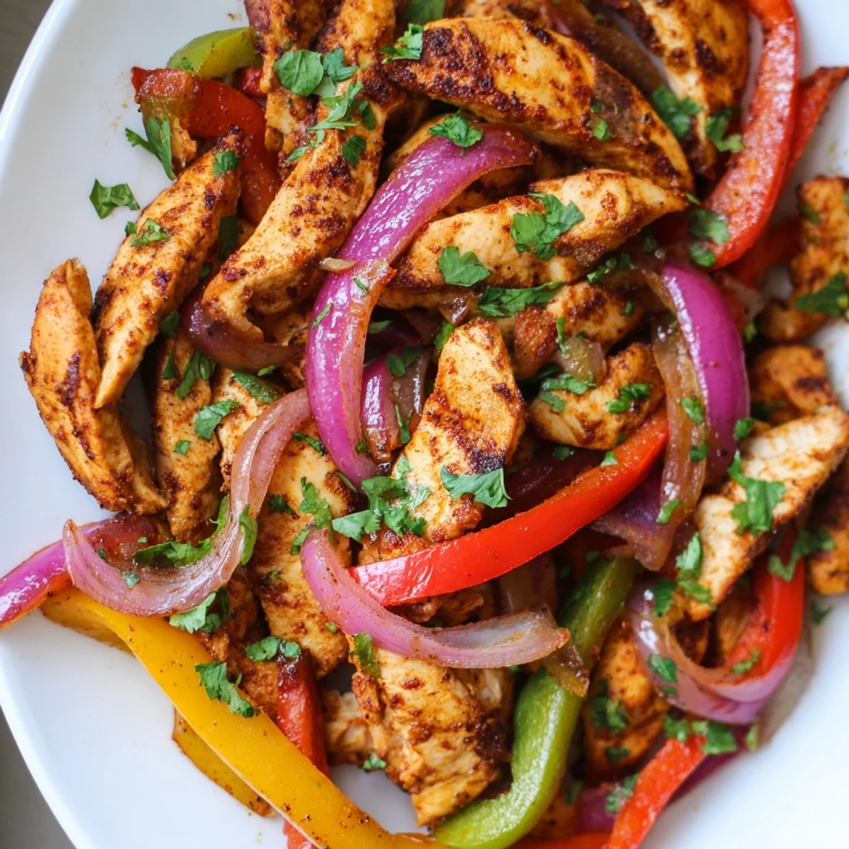 Golden roasted Sheet Pan Chicken Fajitas served with warm tortillas, lime wedges, and fresh cilantro.