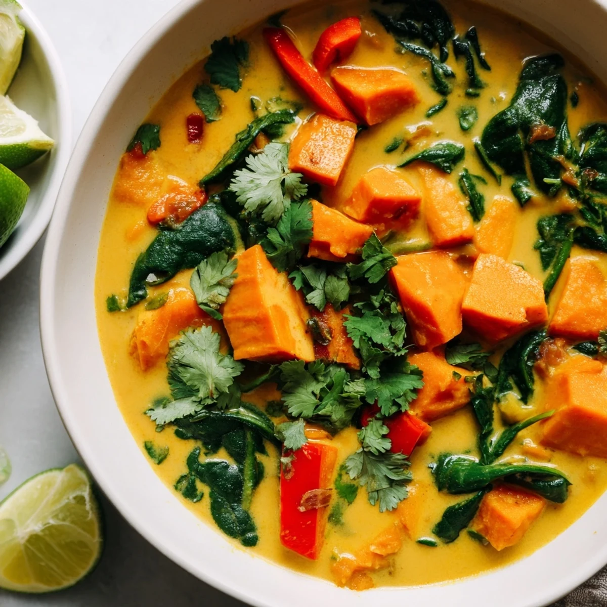 A close-up of creamy Vegan Sweet Potato Curry with bright spinach and red bell pepper, garnished with fresh cilantro and lime. 