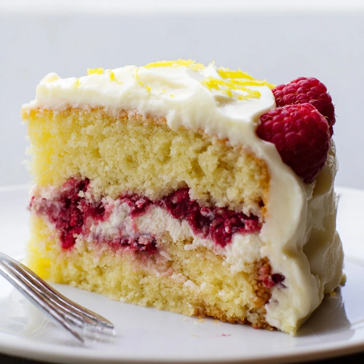 Freshly sliced Lemon Raspberry Layer Cake reveals fluffy lemon sponge and vibrant raspberry filling between layers of creamy lemon frosting.