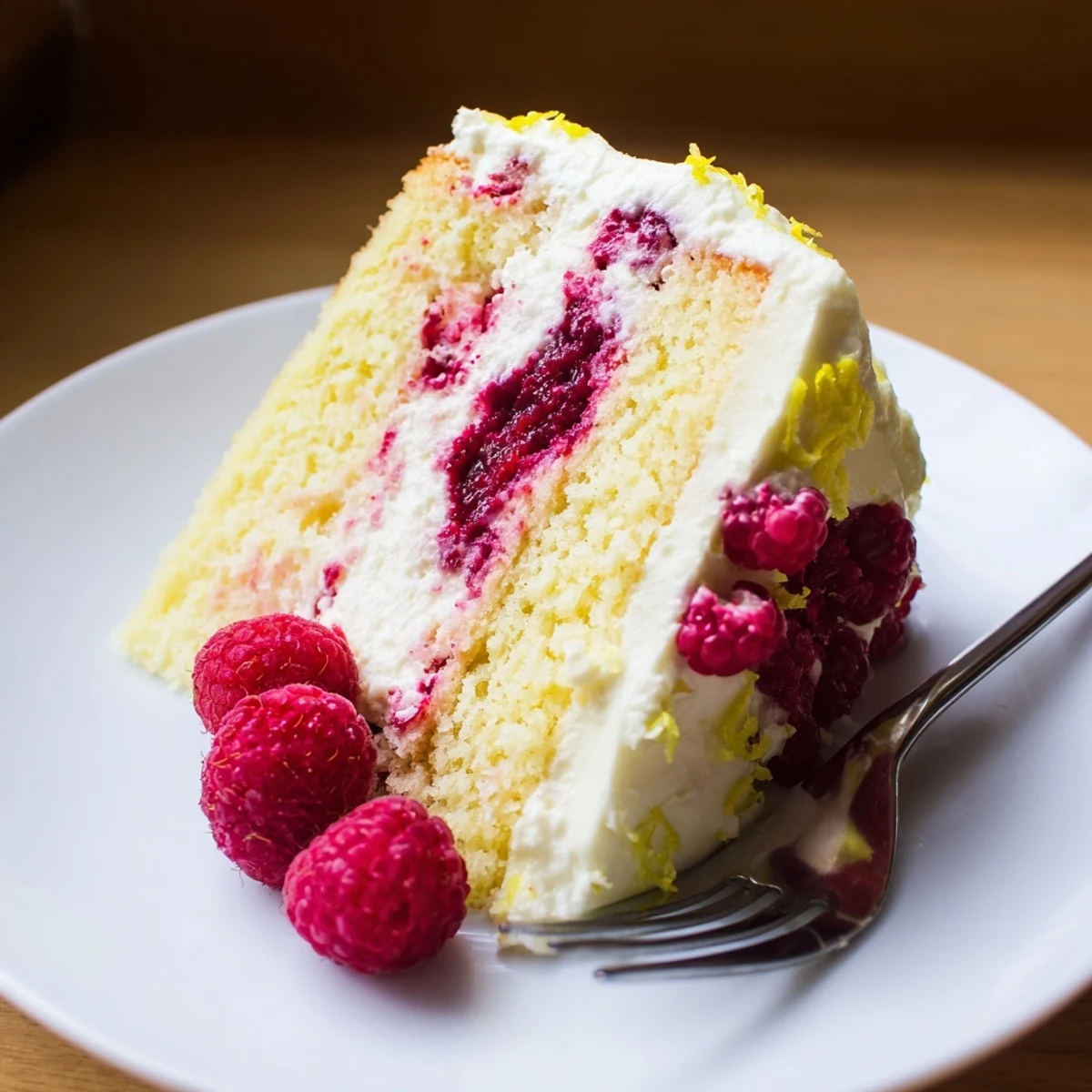 Close-up of Lemon Raspberry Layer Cake highlights tangy cream cheese frosting and moist crumb, plated near a glass of iced tea.