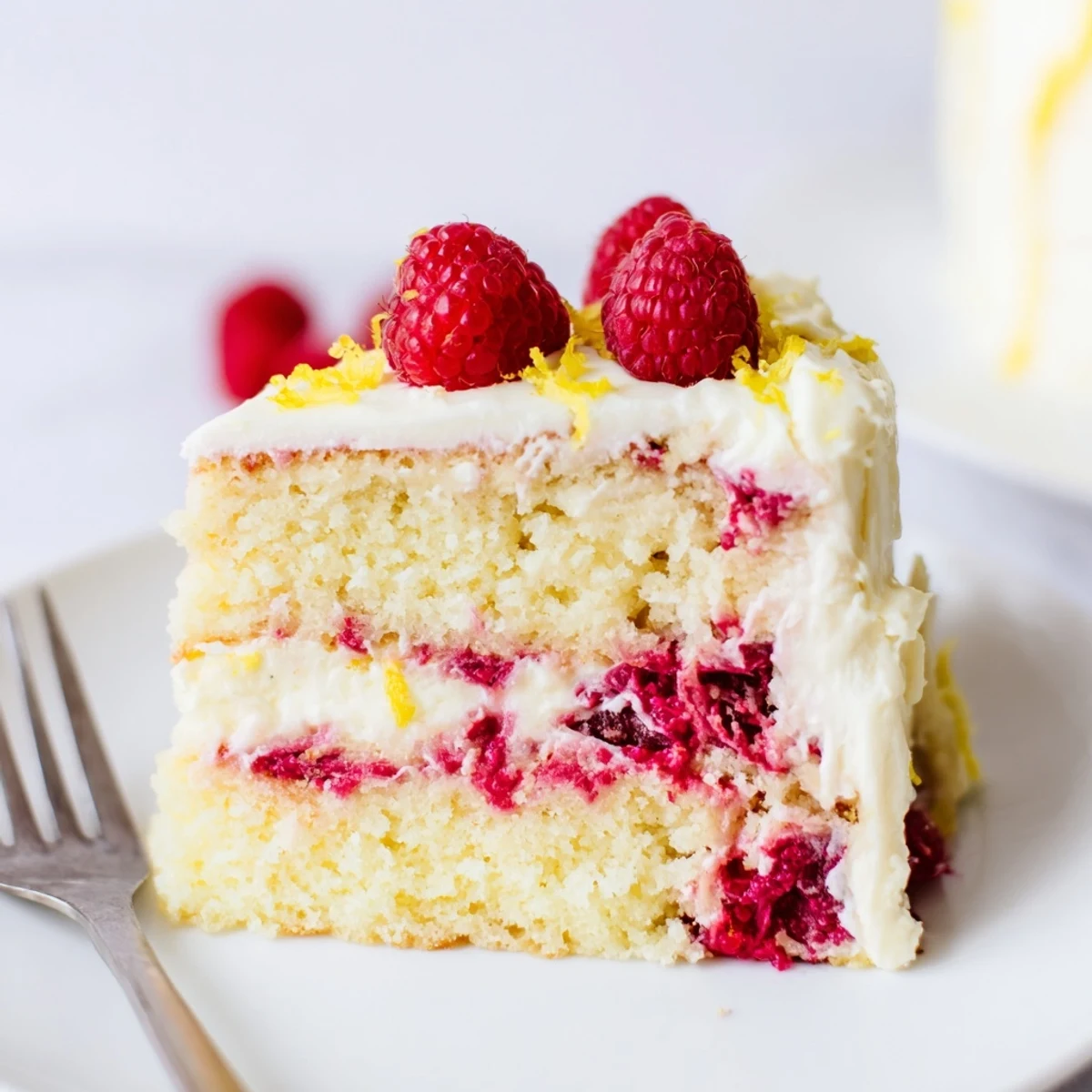 A single slice of Lemon Raspberry Layer Cake showcases textured frosting, juicy berry swirls, and bright citrus zest on a dessert plate.