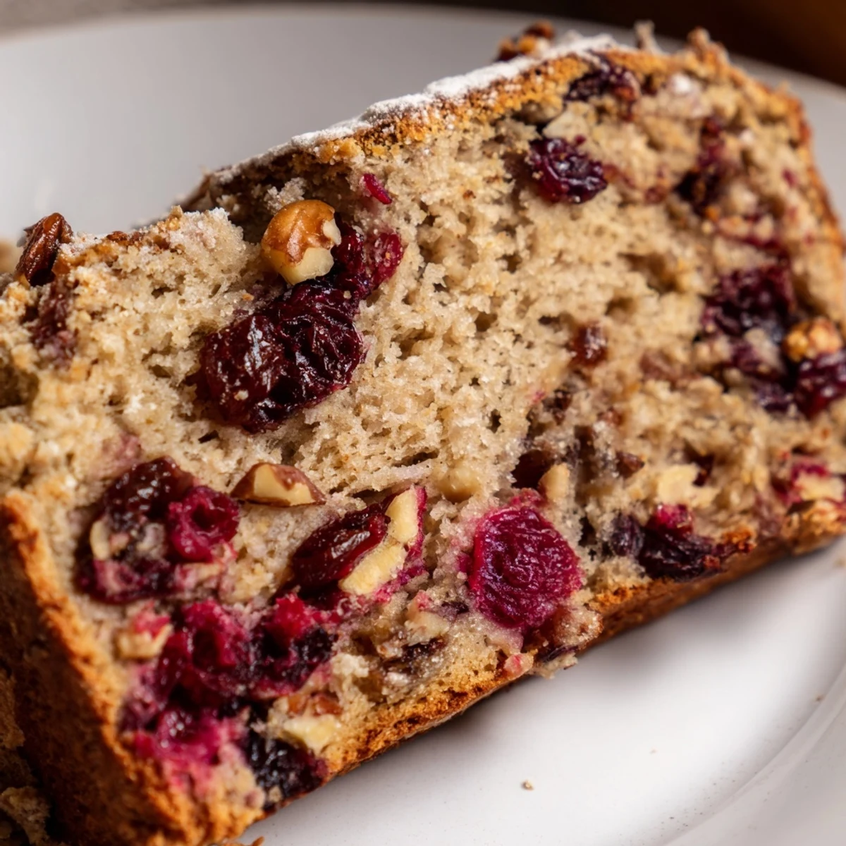 Freshly baked Cranberry and Walnut Soda Bread, with a golden crust, crackly X-cut top, and ruby cranberries peeking from the crumb.