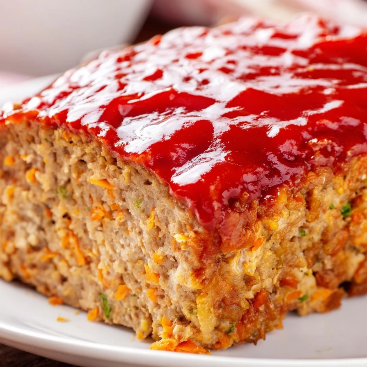 Steam rises from a freshly baked Turkey Meatloaf with Tomato Glaze, plated with garlicky green beans and sliced almonds.