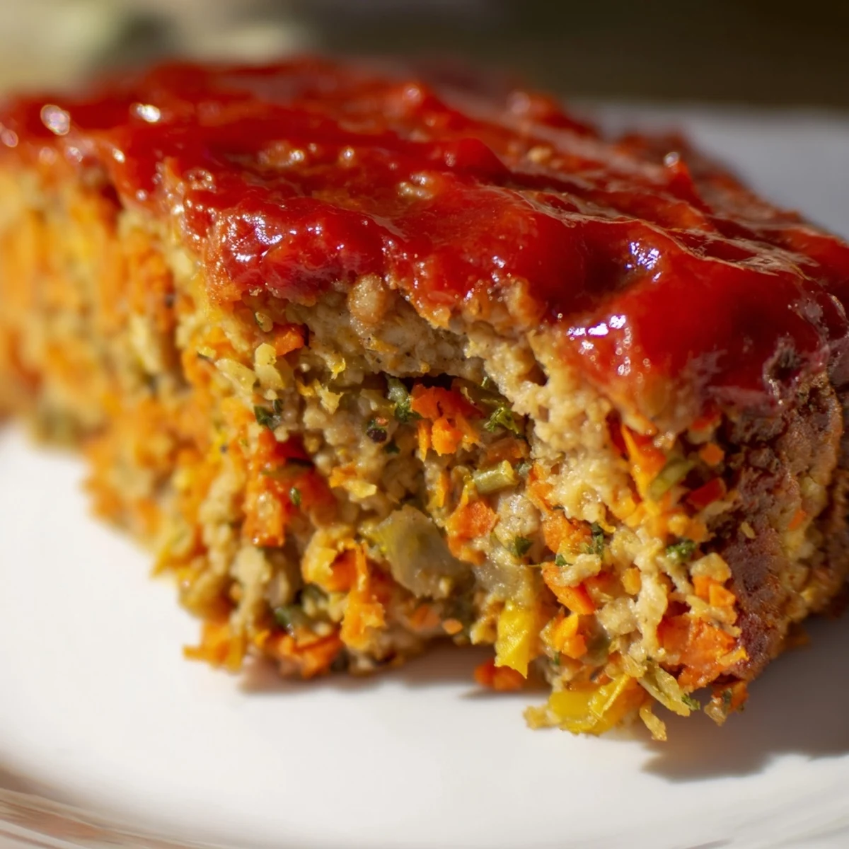 A juicy slice of Turkey Meatloaf with Tomato Glaze shows off its tender texture beside vibrant, sautéed green beans.