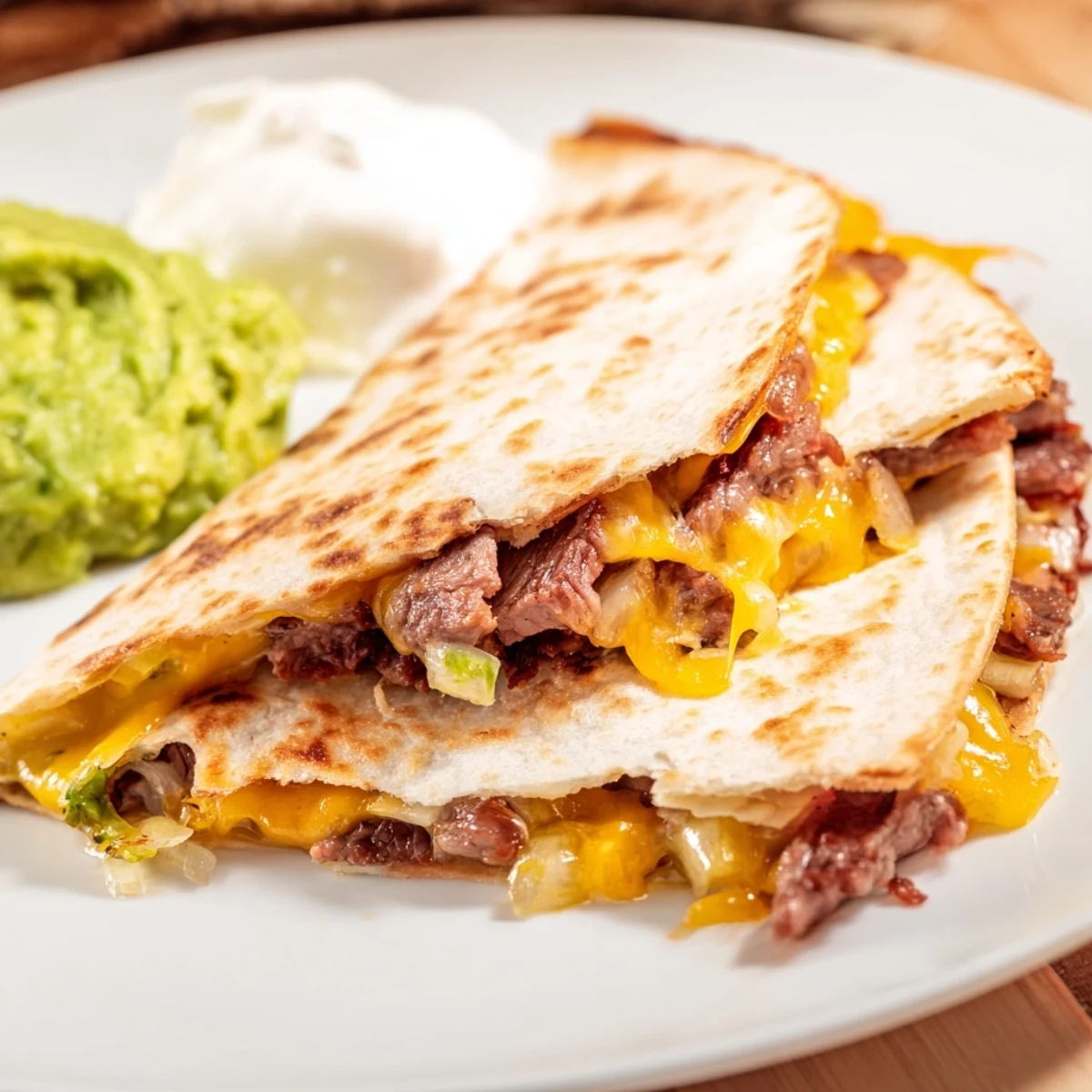 Golden-brown Beef Quesadillas with salsa, guacamole, and sour cream on a plate.