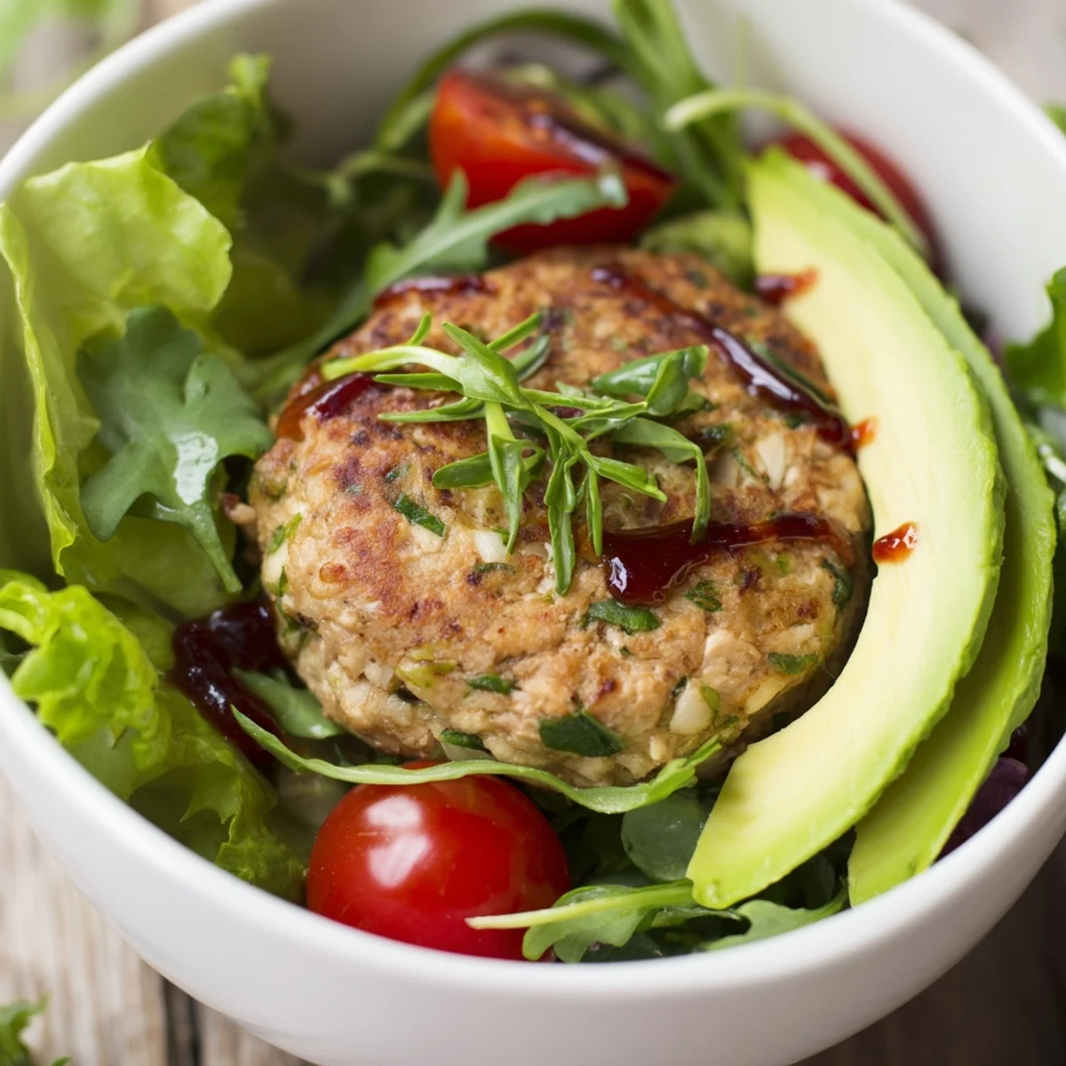 Juicy turkey burger patties rest on crisp mixed greens, cherry tomatoes, and avocado, all drizzled with a zesty homemade vinaigrette.