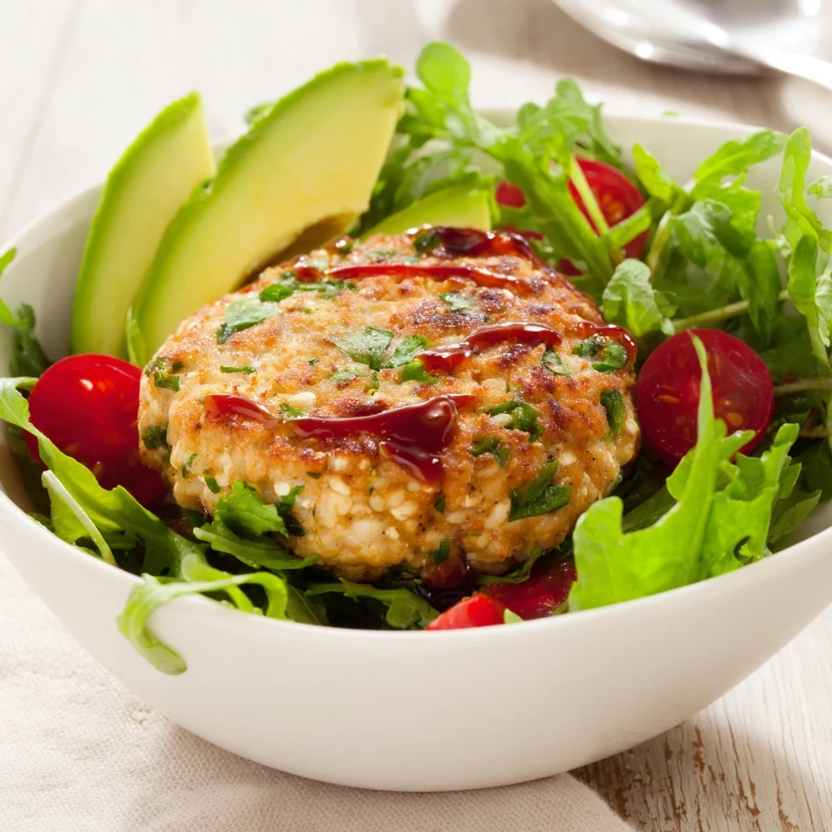 Hearty Turkey Burger Salad Bowl served warm over crunchy vegetables, feta cheese crumbles, and bright red onion slices for a satisfying meal.
