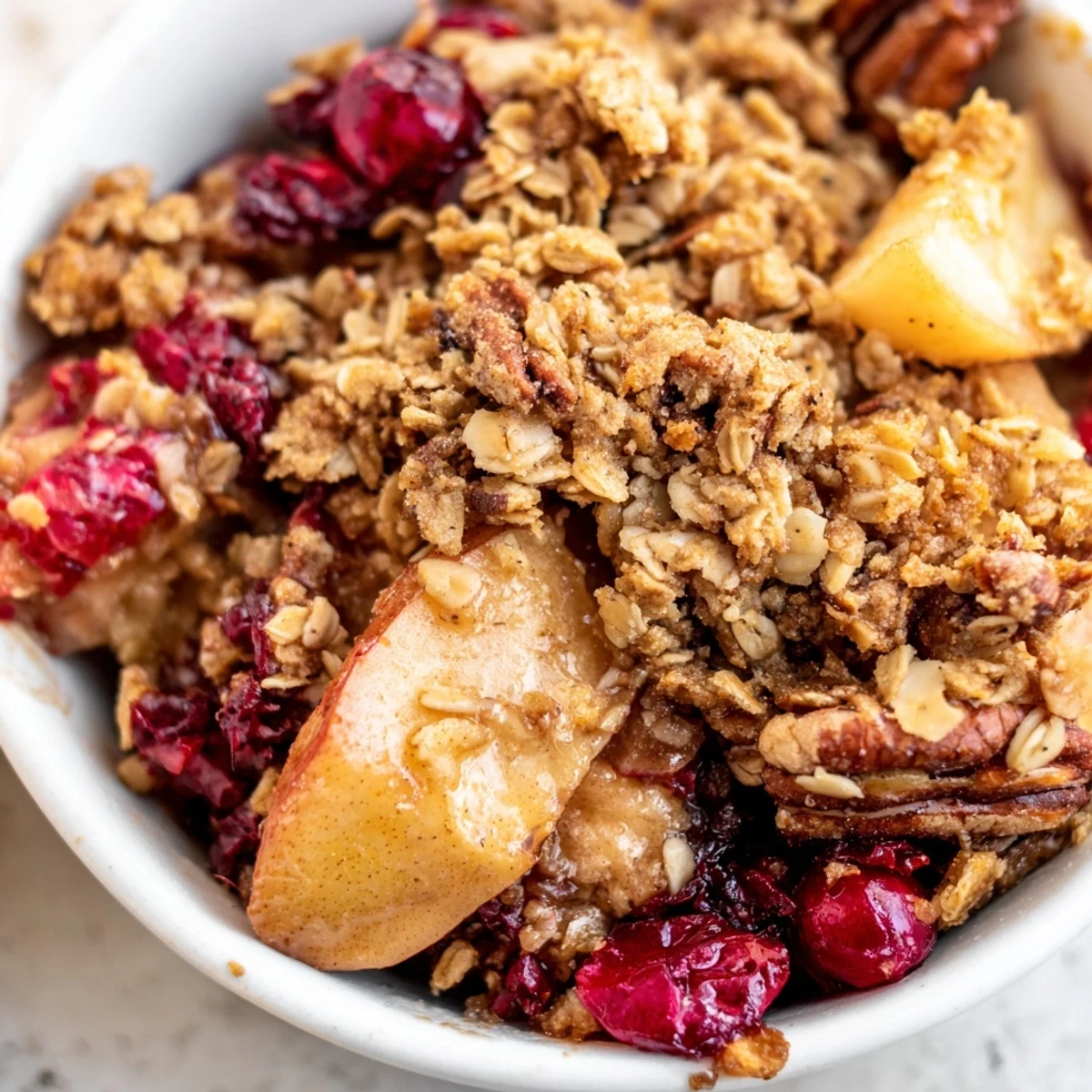 Rustic Winter Fruit Crisp topped with crunchy oats and served with vanilla ice cream.