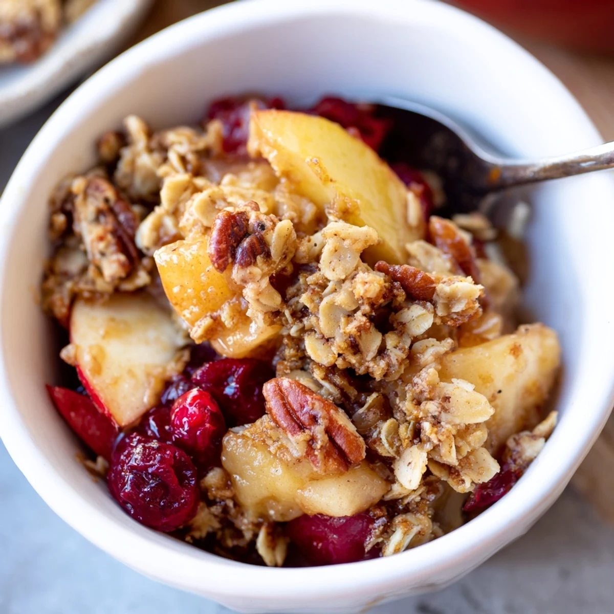 Spoon lifting a warm bite of Winter Fruit Crisp with tender apples and tart cranberries.