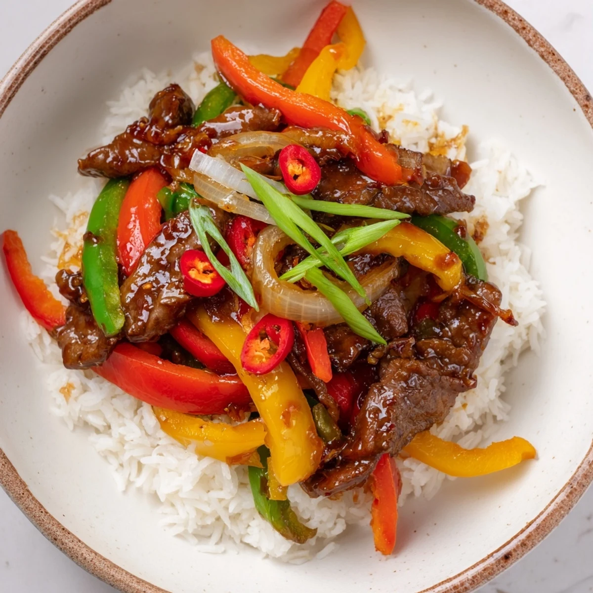 A close-up of homemade Spicy Beef and Pepper Stir Fry with Rice garnished with fresh green onions and sesame seeds.