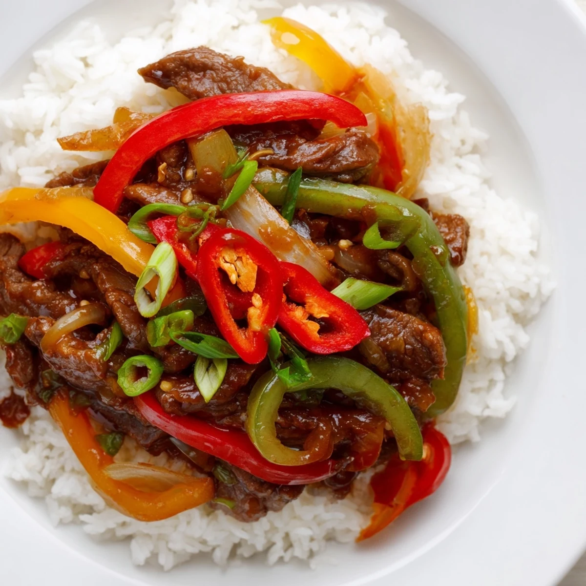 Colorful sliced red, green, and yellow bell peppers mix with tender beef in this flavorful Spicy Beef and Pepper Stir Fry with Rice.